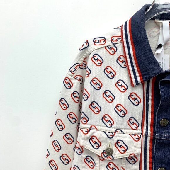 Gucci Color-Block Stripe Logo Print Full-Print Collared Cotton Long Sleeve Denim - Picture 3 of 8